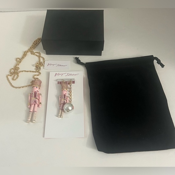 Betsey Johnson Pink Nutcracker & Ball Rhinestone Pendant Necklace & Earrings set - Picture 6 of 16